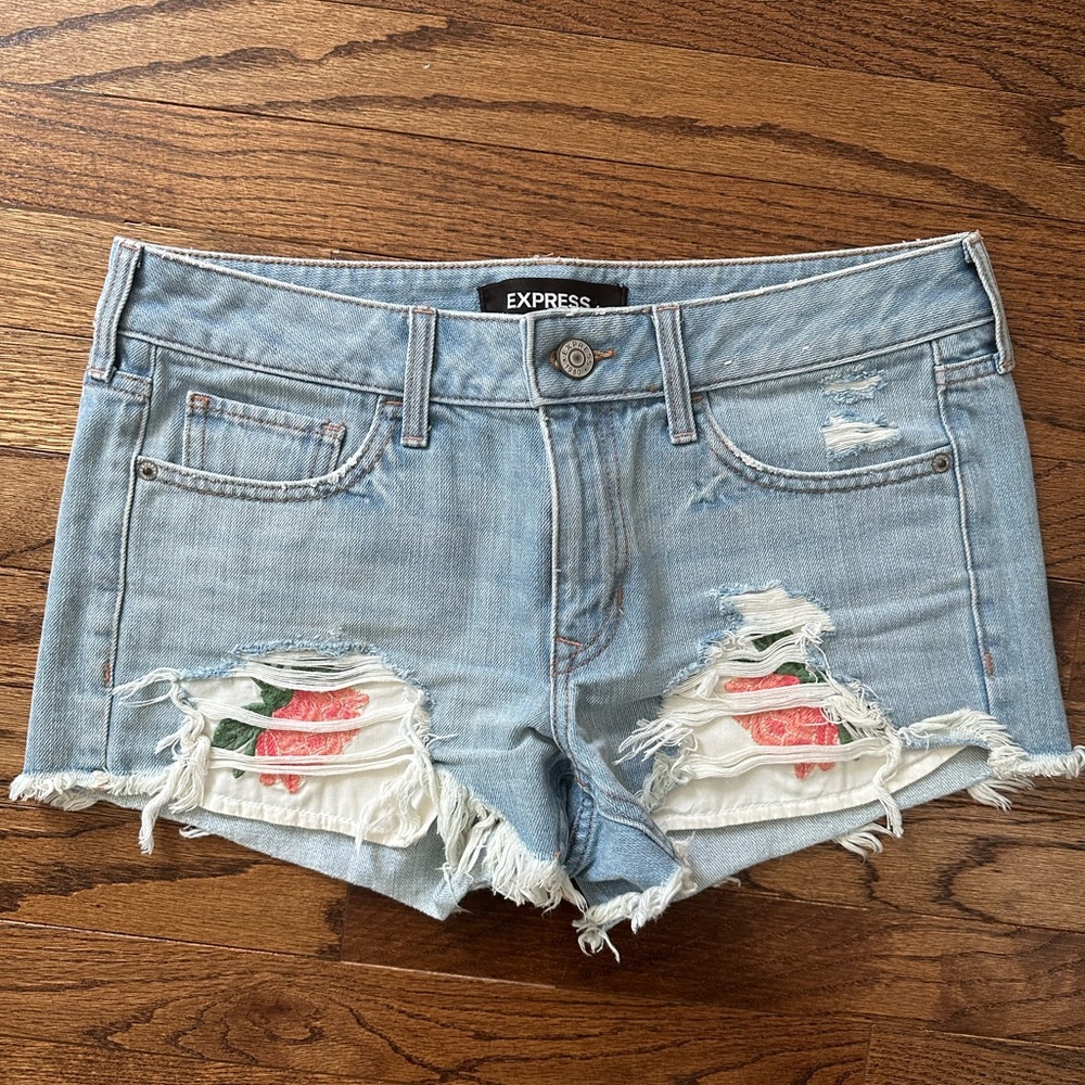 Express Light Blue Jean Shorts with Floral Distress